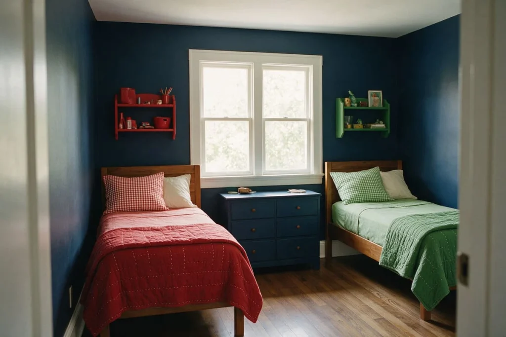 Shared superhero bedroom with two twin beds, red accents on the left, green accents on the right and matching navy walls