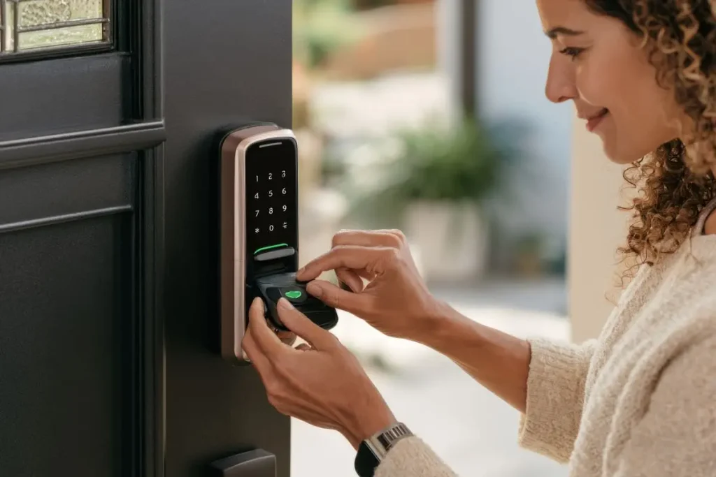 Homeowner opening the battery cover on a smart lock at the front door