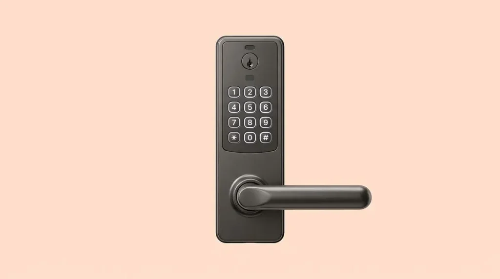 Black smart deadbolt with a keypad, shown on a white background