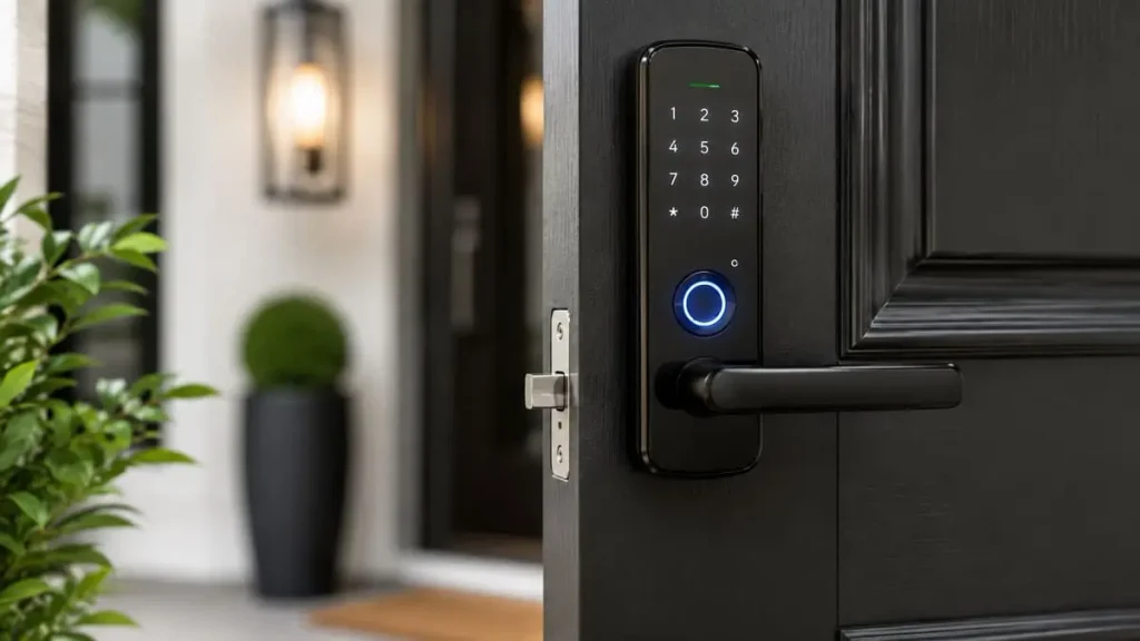 Smart door lock with a fingerprint scanner on a residential front door
