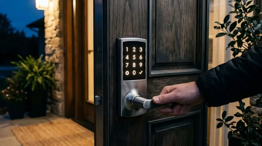 How Do Smart Locks Work? Hand opening a door fitted with a keyless keypad lock