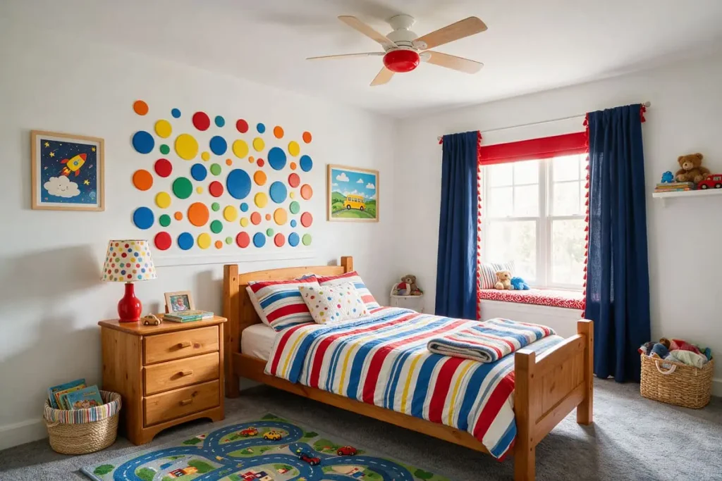 Spiderman bedroom ideas for a colorful comic-style kids room with striped bedding