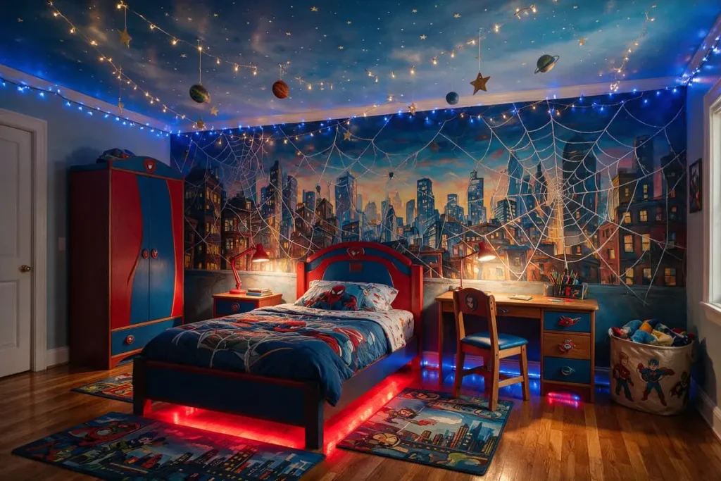 Kids bedroom with a full Spider-Man themed wall mural and matching red and blue furniture