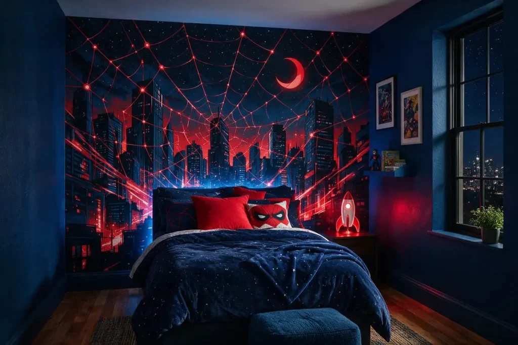 Spider-Man themed kids bedroom with a red and blue web mural covering the accent wall