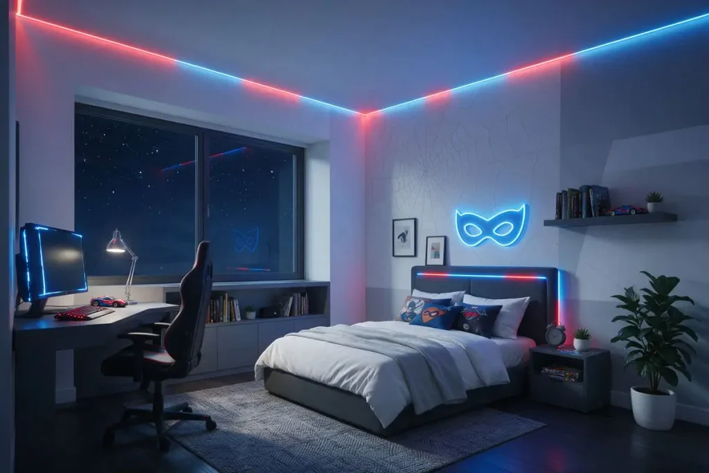 Spiderman bedroom ideas with red and blue LED strip lighting
