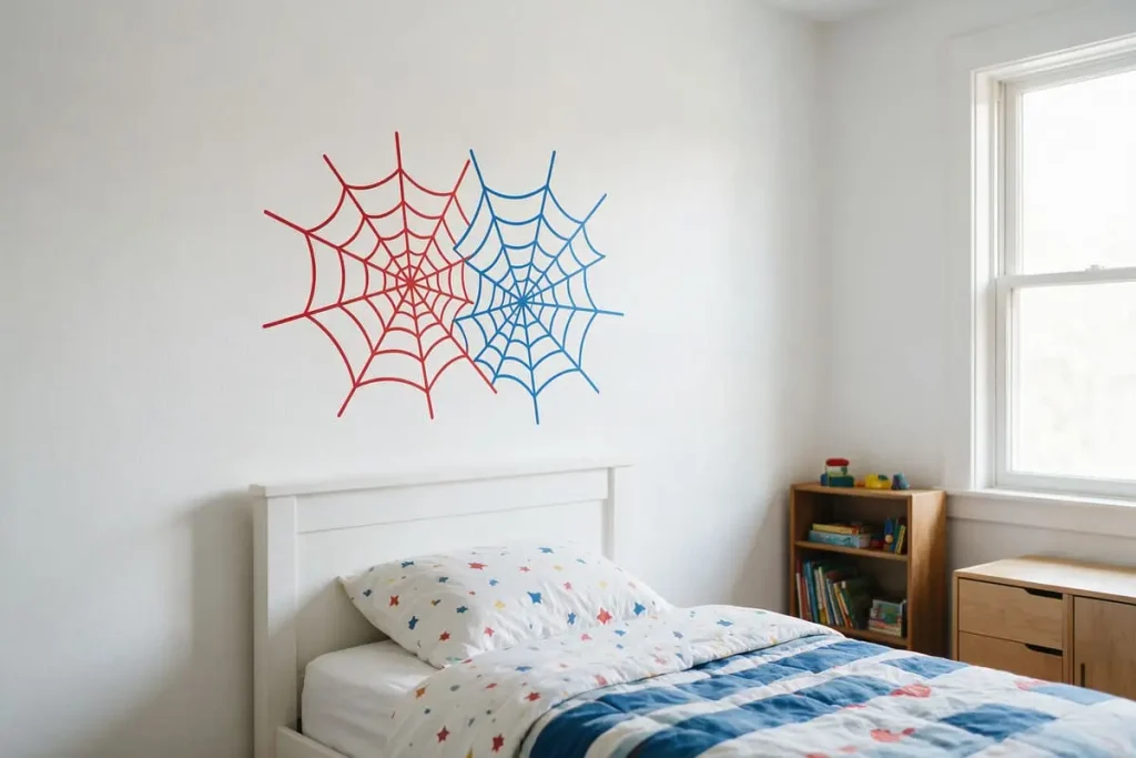 Budget-friendly Spider-Man bedroom decor using red and blue web wall decals above the bed