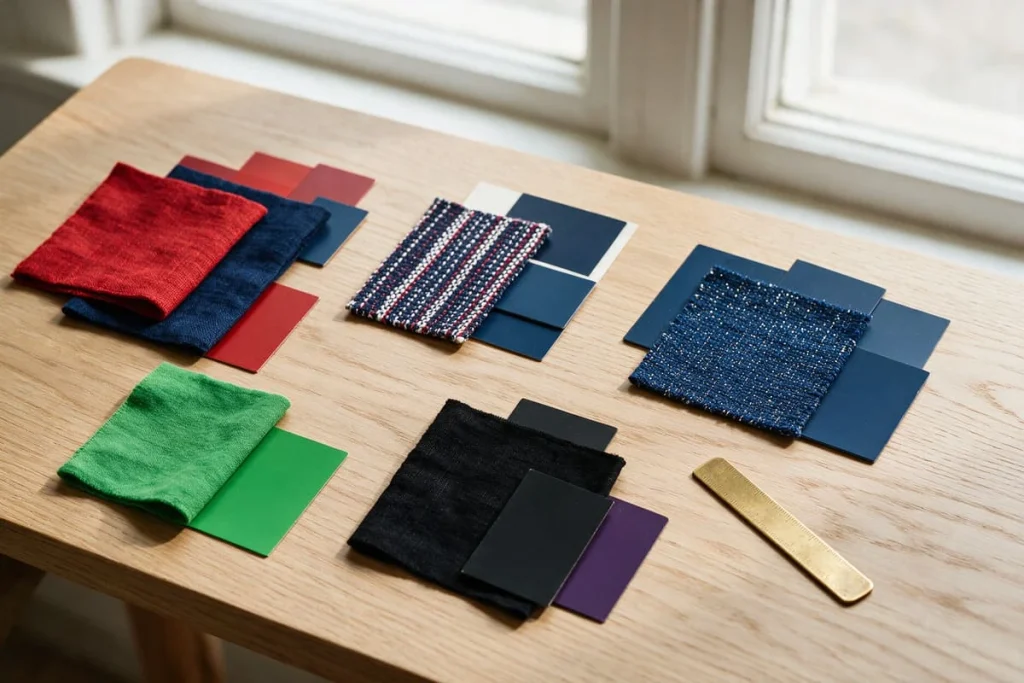 Fabric and paint swatches in red and blue, navy and white, deep blue and silver, green, and black and purple
