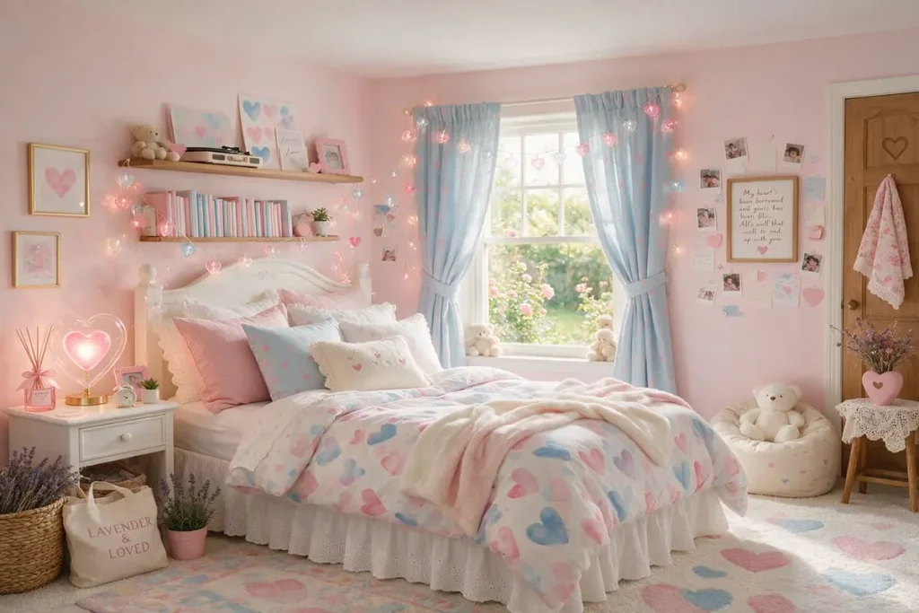 Taylor Swift bedroom inspired by Lover, with pastel pink bedding, baby blue curtains and heart-shaped lights.