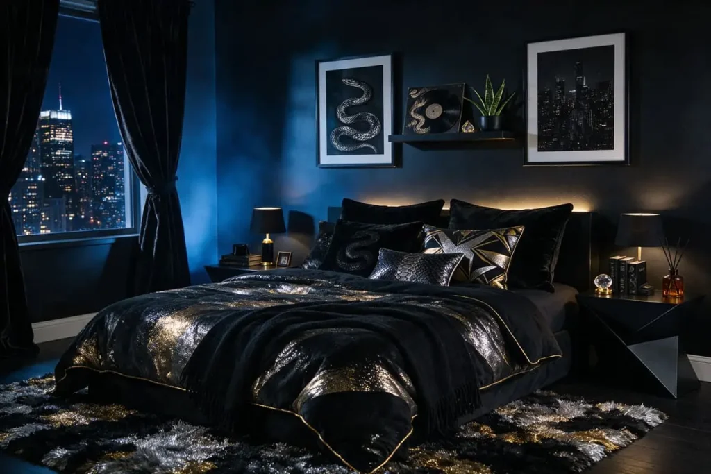 Taylor Swift bedroom inspired by Reputation, with black bedding, gold and silver accents and framed snake artwork.