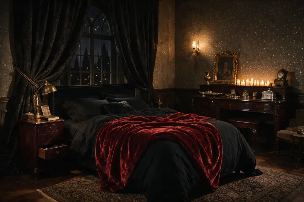 Vampire bedroom with an oxblood velvet throw over black bedding, dark drapes and candle-style lighting