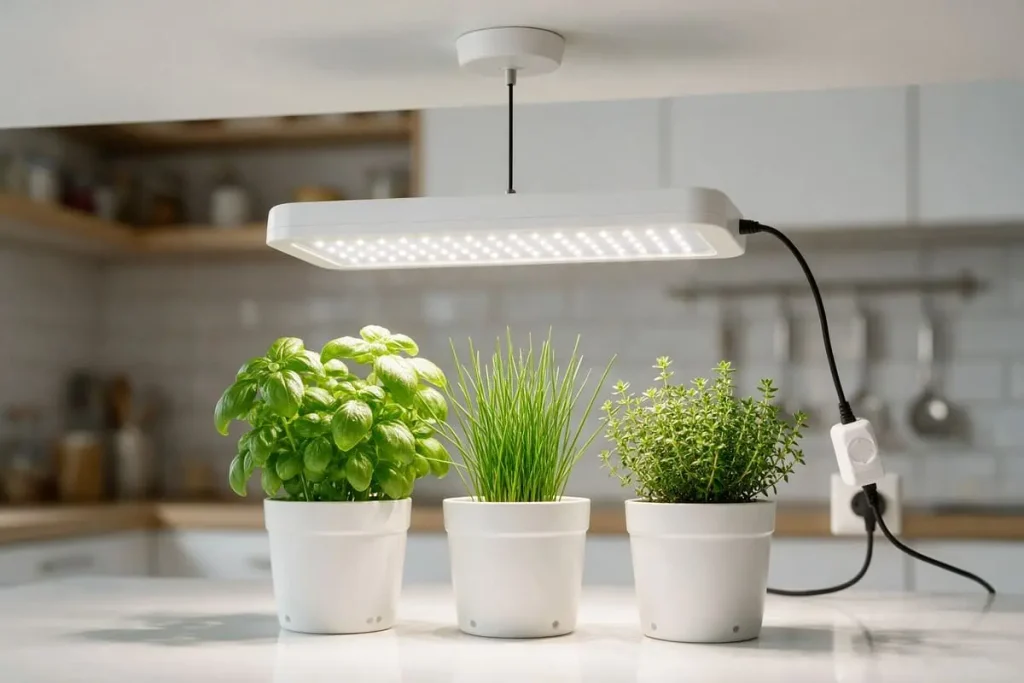 Indoor herb garden with grow lights illuminating potted basil, chives, and thyme beneath a white LED fixture.