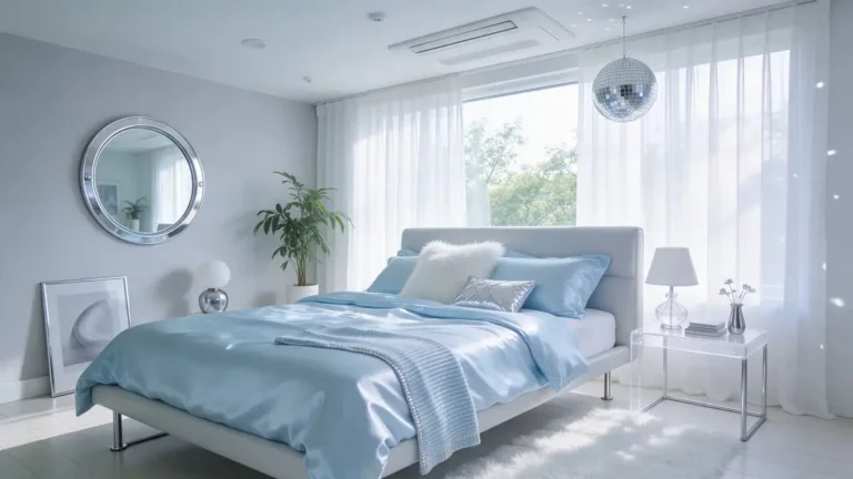 Y2K bedroom with ice-blue bedding, a chrome mirror, clear acrylic table and hanging mirror ball