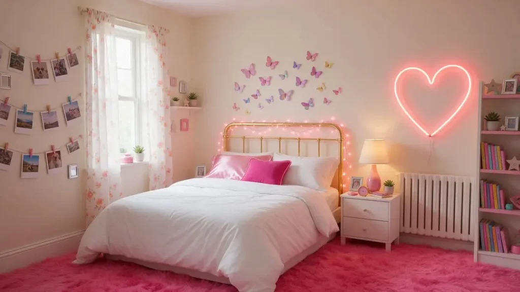 Pink Y2K bedroom with butterfly wall decor, a fluffy rug and fairy lights around the bed