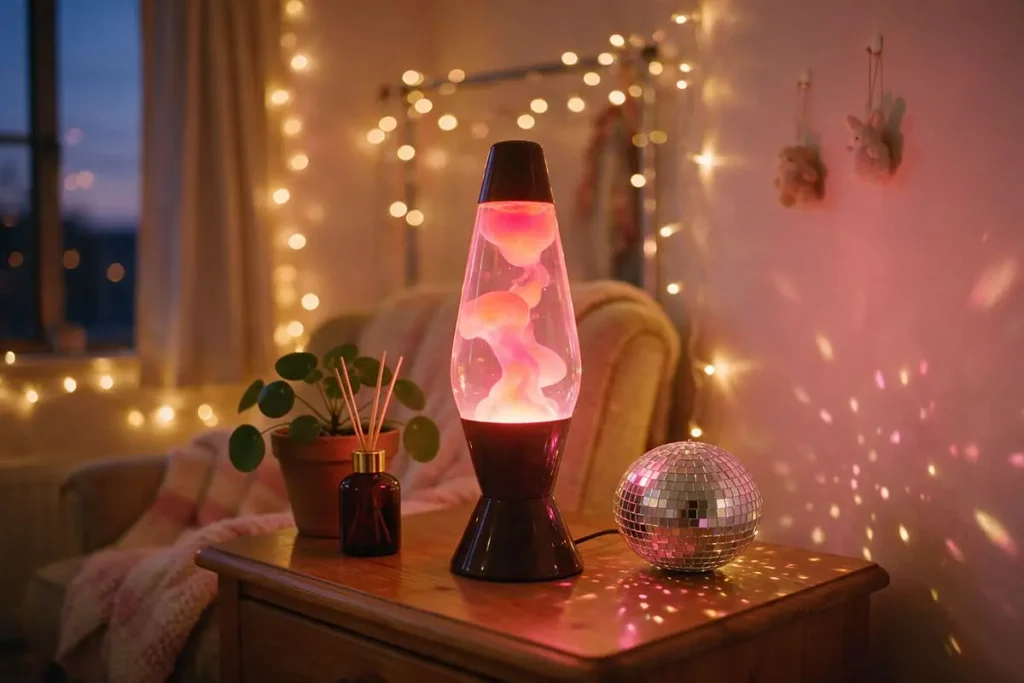 Pink lava lamp and mirror ball on a bedside table with warm fairy lights behind them