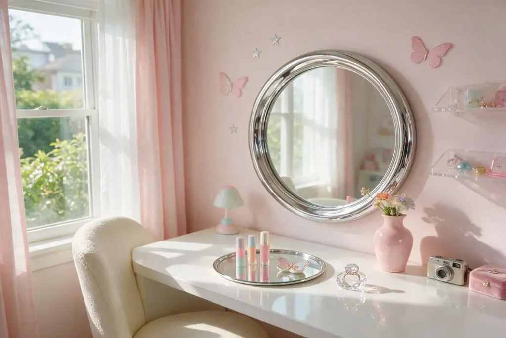 Y2K vanity corner with a round chrome mirror, lip gloss tray and pastel accessories