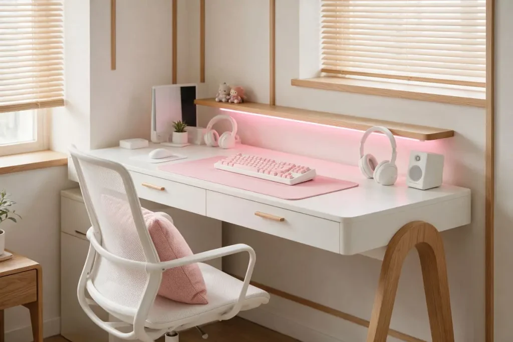 Pink and white gaming setup with matching blush keycaps, desk mat and chair cushion.