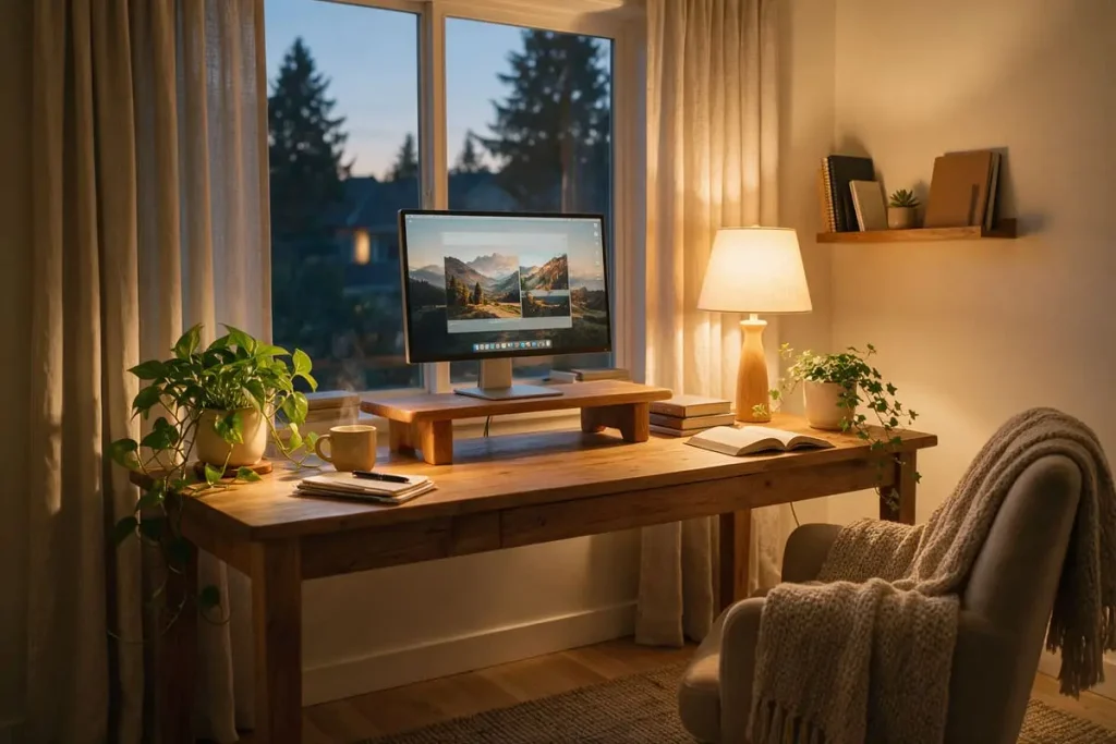 Cozy wooden gaming desk with warm lamplight, trailing plants, linen curtains and a textured rug.