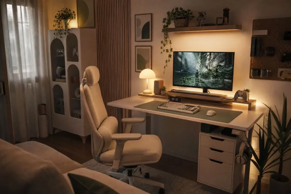 White and oak gaming setup with a sage desk mat, cream chair, warm lamp and trailing plant.
