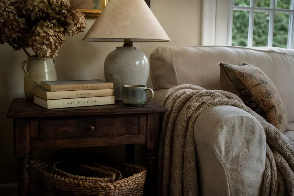 Nancy Meyers aesthetic in a small apartment with oatmeal seating, a trunk coffee table and a sleeping dog.