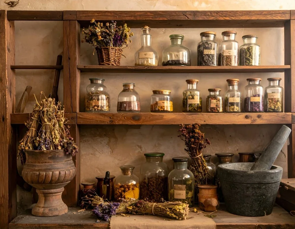 Open apothecary shelf with glass jars and dried flowers in a rustic kitchen