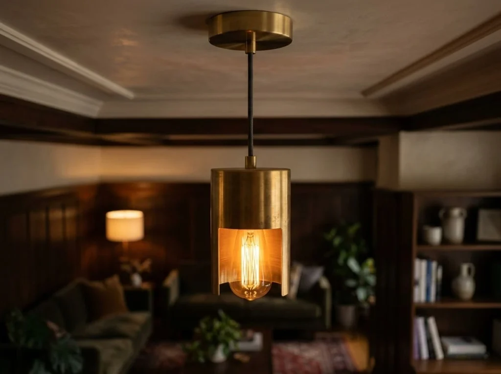Brass pendant light with a warm filament bulb for a dark cottage kitchen