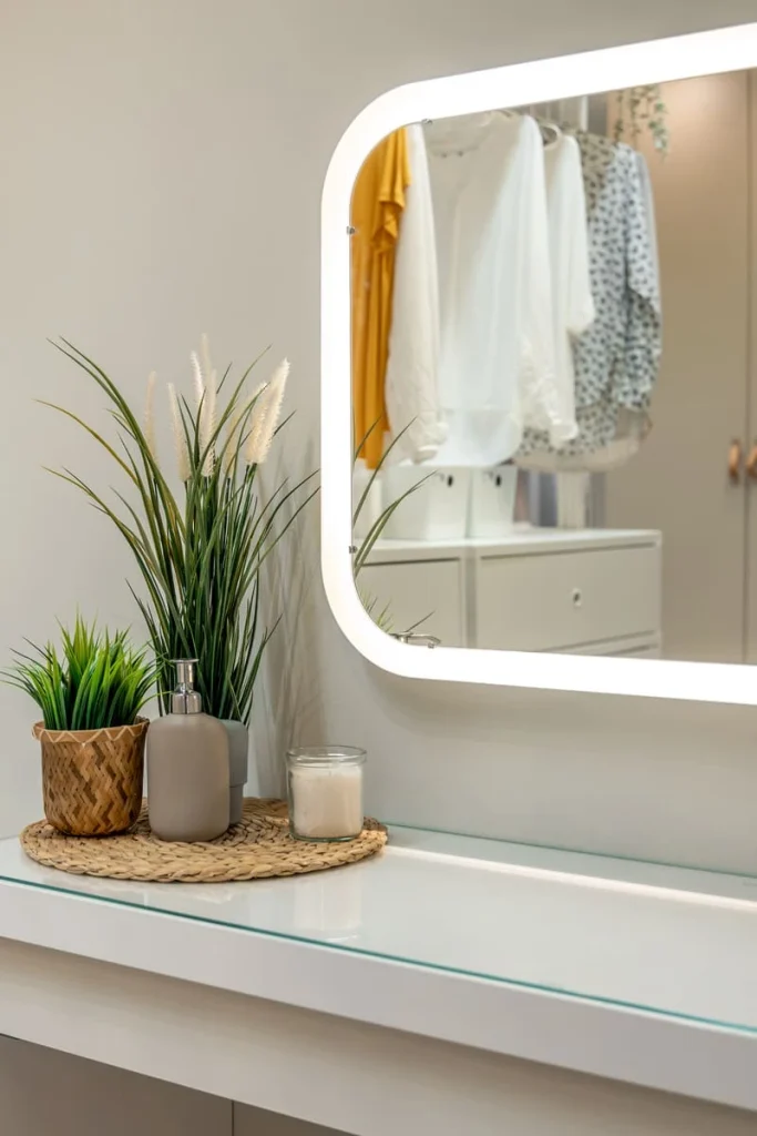 Skincare tray and lit vanity mirror forming a self-care corner, one of the key clean girl aesthetic room ideas