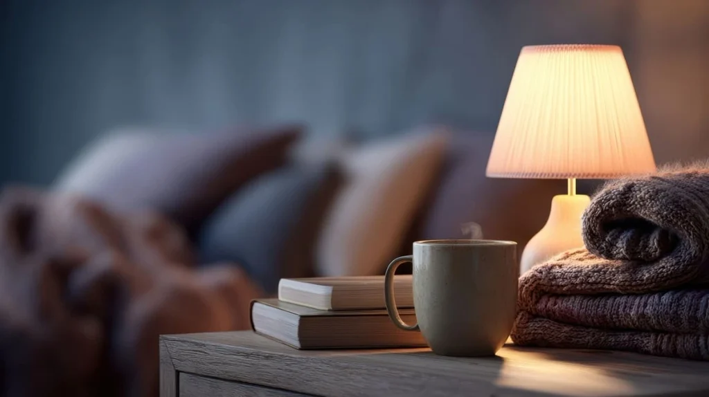 Warm bedside lamp lighting a cozy minimalist bedroom in the evening