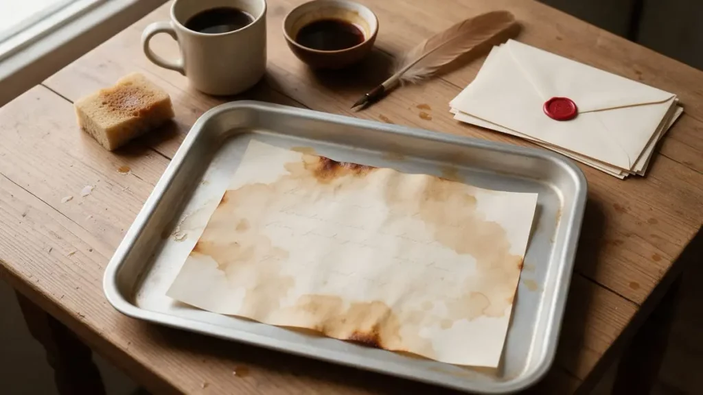 Printed letter being stained with coffee and a sponge next to an envelope with a red wax seal