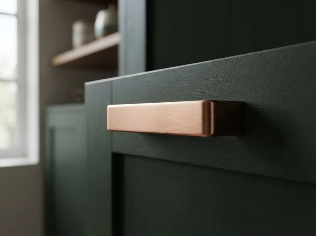 Copper-toned handle on a dark green kitchen cabinet door