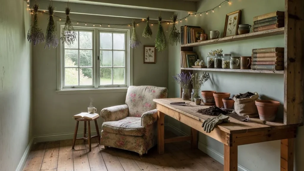 Cottage-style she shed interior with sage green walls