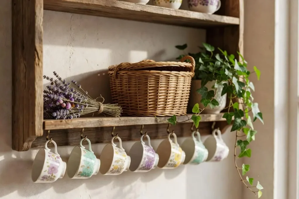 Cottagecore house details on an open shelf: teacups on hooks, dried flowers, a wicker basket and a trailing plant