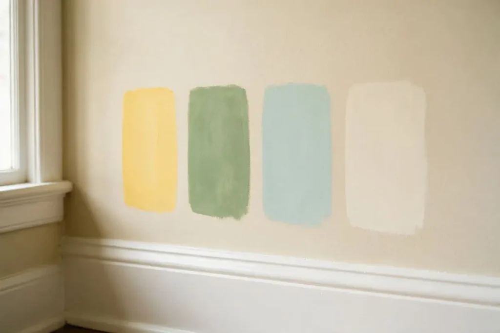 Paint samples for a cottagecore house interior: butter yellow, sage green, pale blue-green and creamy white