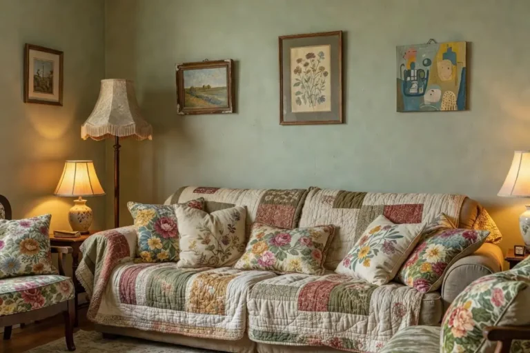 Cottagecore interior design in a living room with sage walls, a quilt on the sofa, thrifted art and warm lamp light