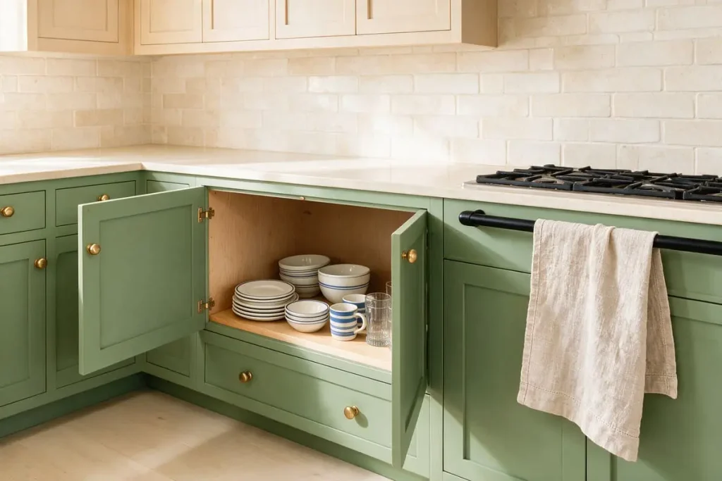 Cottagecore kitchen with sage cabinets, an open shelf of everyday dishes and a linen tea towel on the stove