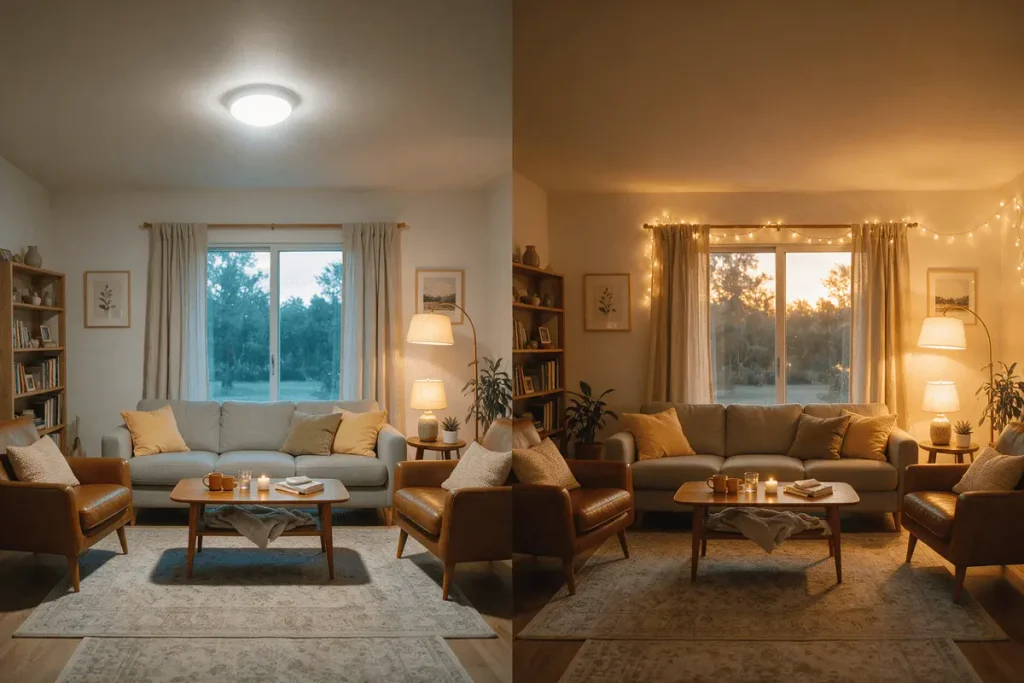The same room lit by a harsh ceiling light, then by a table lamp, a floor lamp and string lights