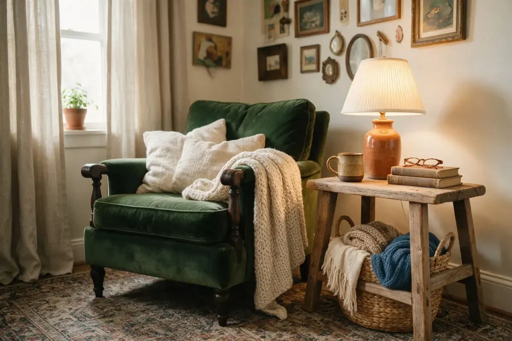 Cottagecore living room reading corner with an armchair, a lamp, a basket of blankets and a thrifted gallery wall