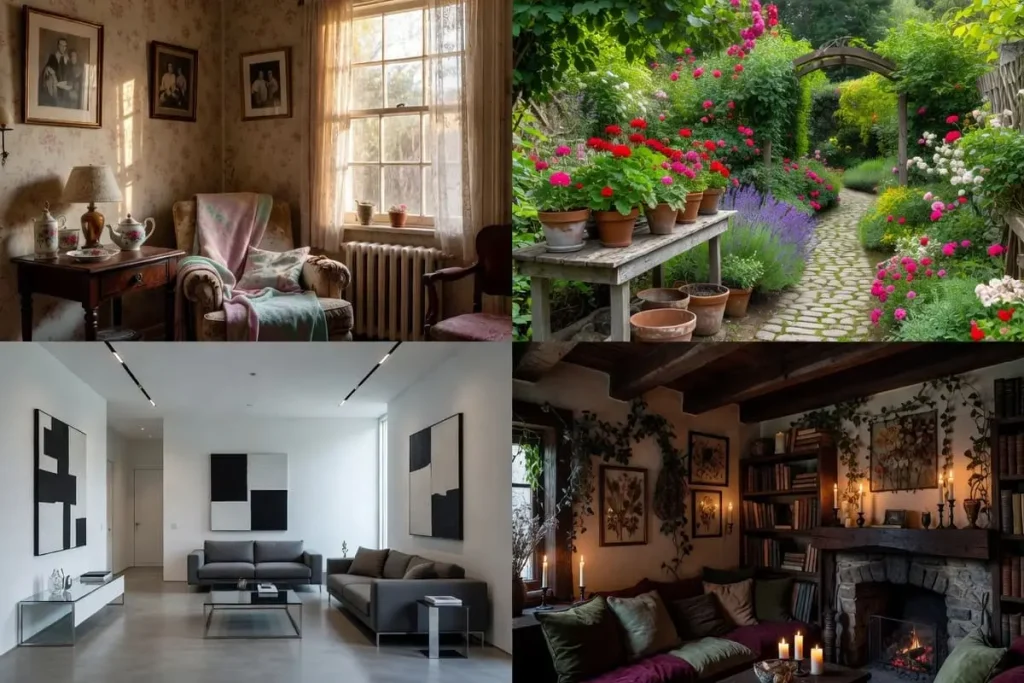 Four cottagecore styles side by side: grandma, garden, modern and dark cottagecore rooms