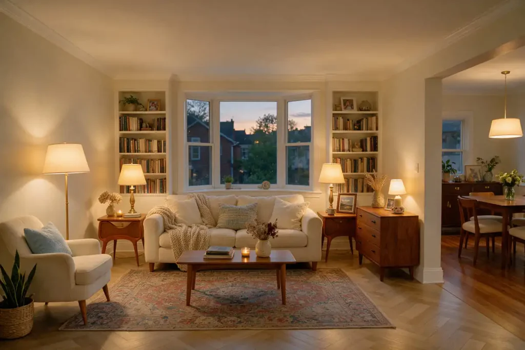 Cream living room illuminated by softly glowing table lamps and a floor lamp at dusk.