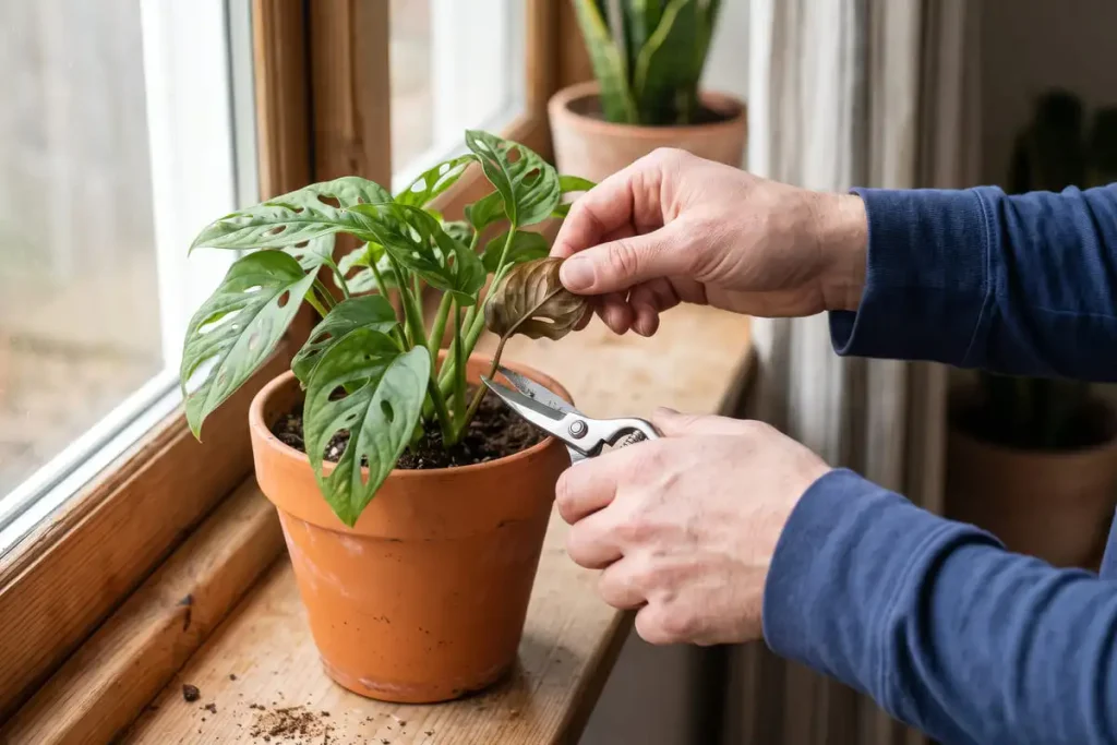 : Removing a damaged leaf from a potted monstera at the base with pruning shears