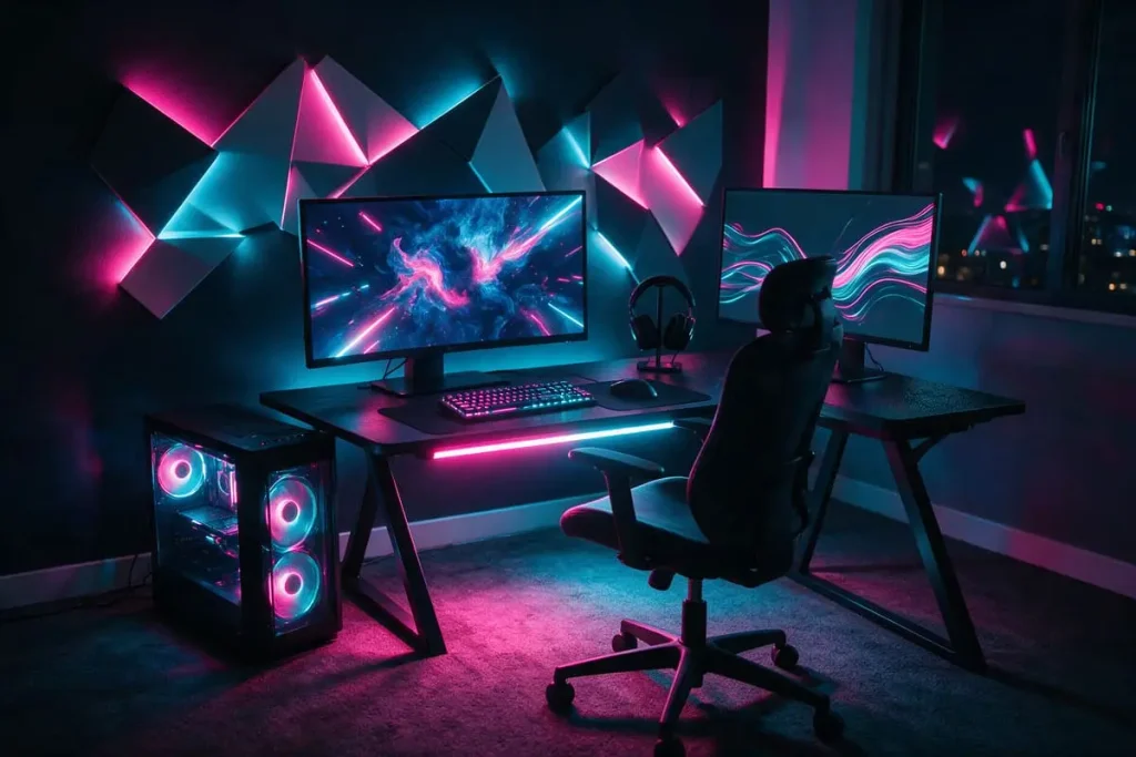 Cyberpunk gaming setup with two monitors, geometric wall panels and pink and cyan lighting.