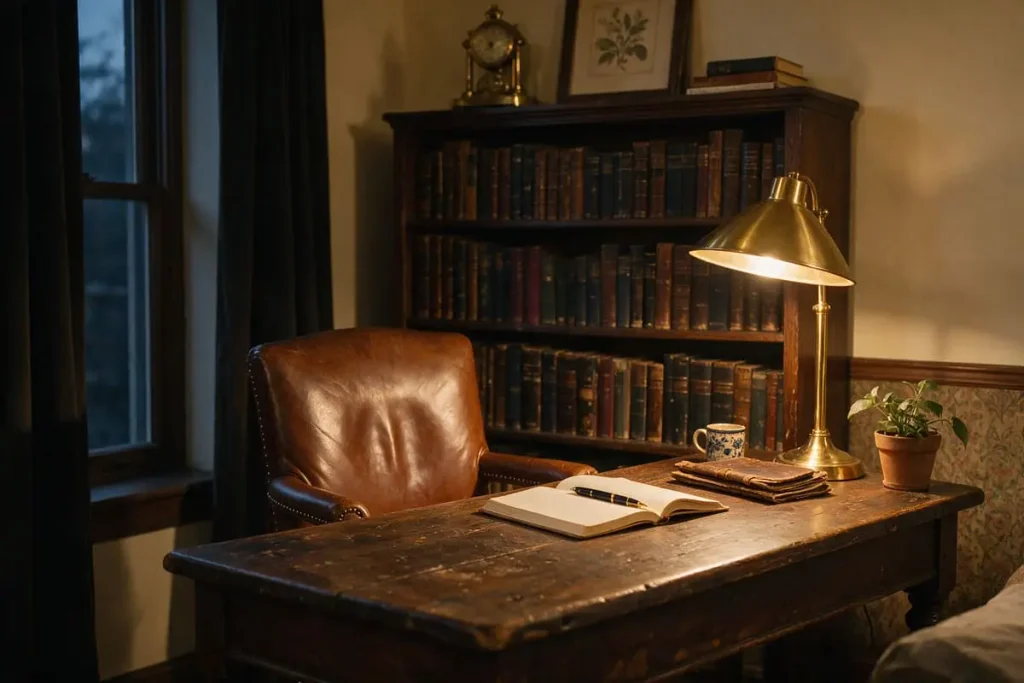 dark academia bedroom desk with leather chair and bookshelf