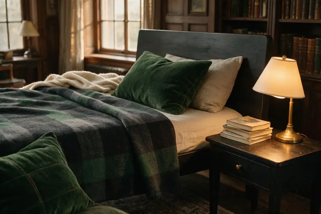 wool plaid throw and books on a dark academia bedroom nightstand