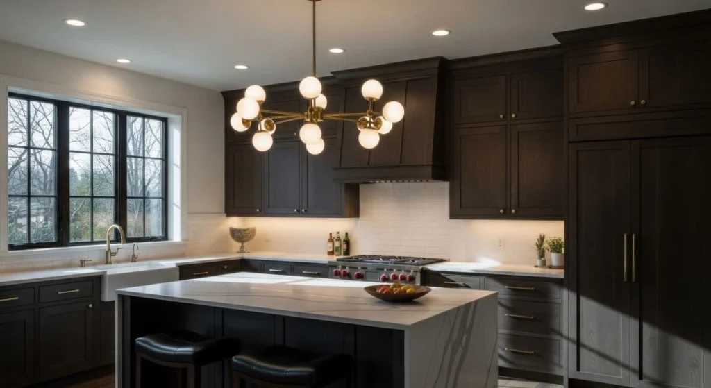 Dark kitchen cabinets balanced with light countertops and warm lighting