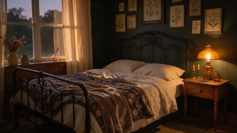Dark cottagecore bedroom with a forest green wall, black iron bed, layered cream bedding and warm lamplight