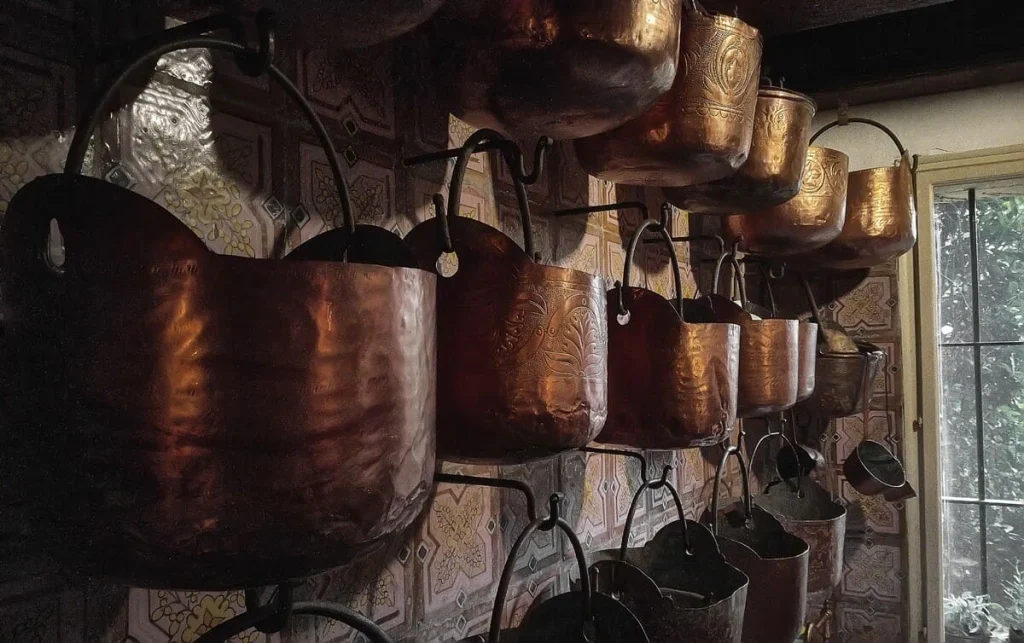 Vintage copper pots hanging