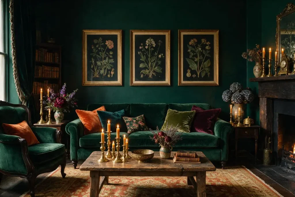 The same room lit by a harsh ceiling light, then by a table lamp, a floor lamp and string lights
