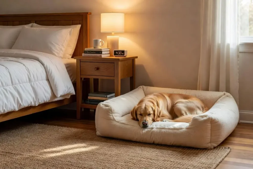 Bedroom dog corner with a bed beside the nightstand