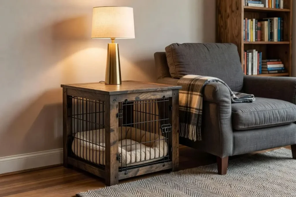 Dog corner crate used as an end table with a lamp on top