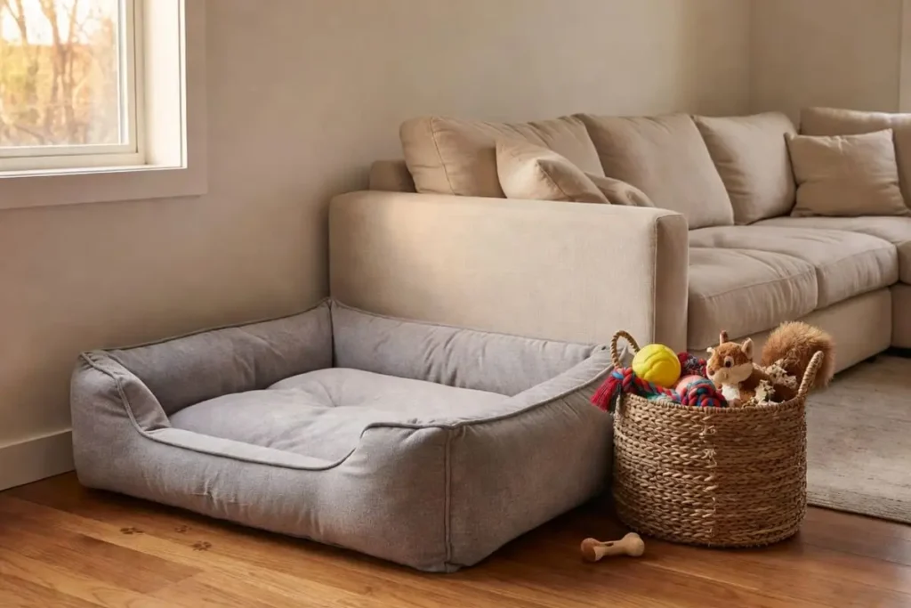 Dog corner ideas shown in a living room with a dog bed beside the sofa and a toy basket