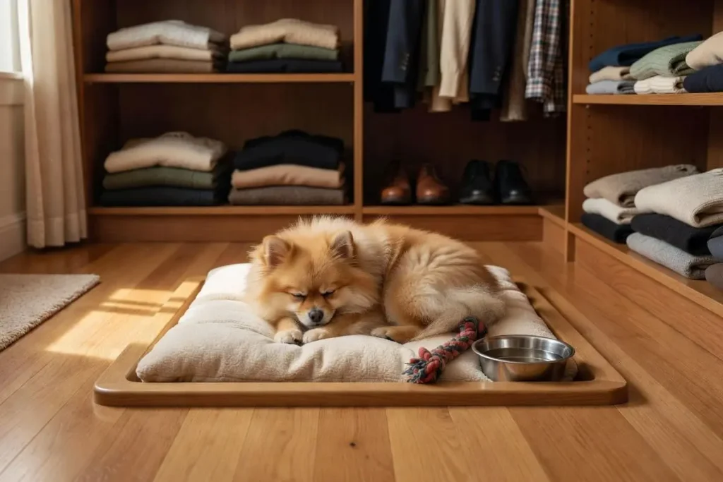 Small dog nook built into the floor of a closet